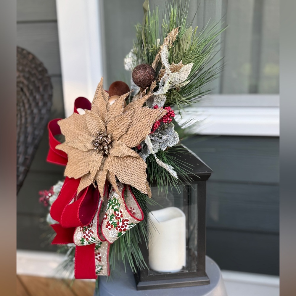 Burlap Poinsettia Lantern Decor - Picture 1 of 8